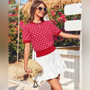 Red & Pink Heart Sweater – Short Sleeve Knit Top, Valentine Pullover